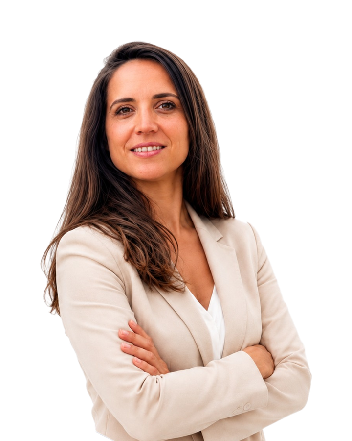 Juliet Chrétien, souriante, bras croisés, en blazer beige